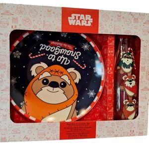 Disney Parks Star Wars Ewok Blue Milk & Cookies For Santa Plate & Glass Set NEW